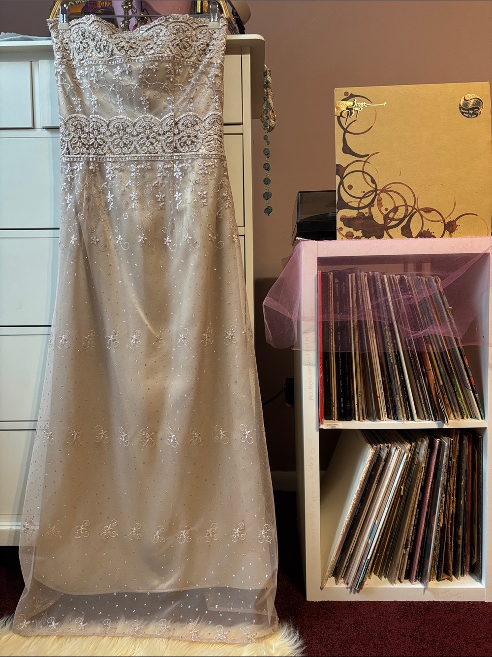 Vintage Y2K Lace Tiered Party Dress Wedding Sparkle Formal Gown Strapless 4 90’s